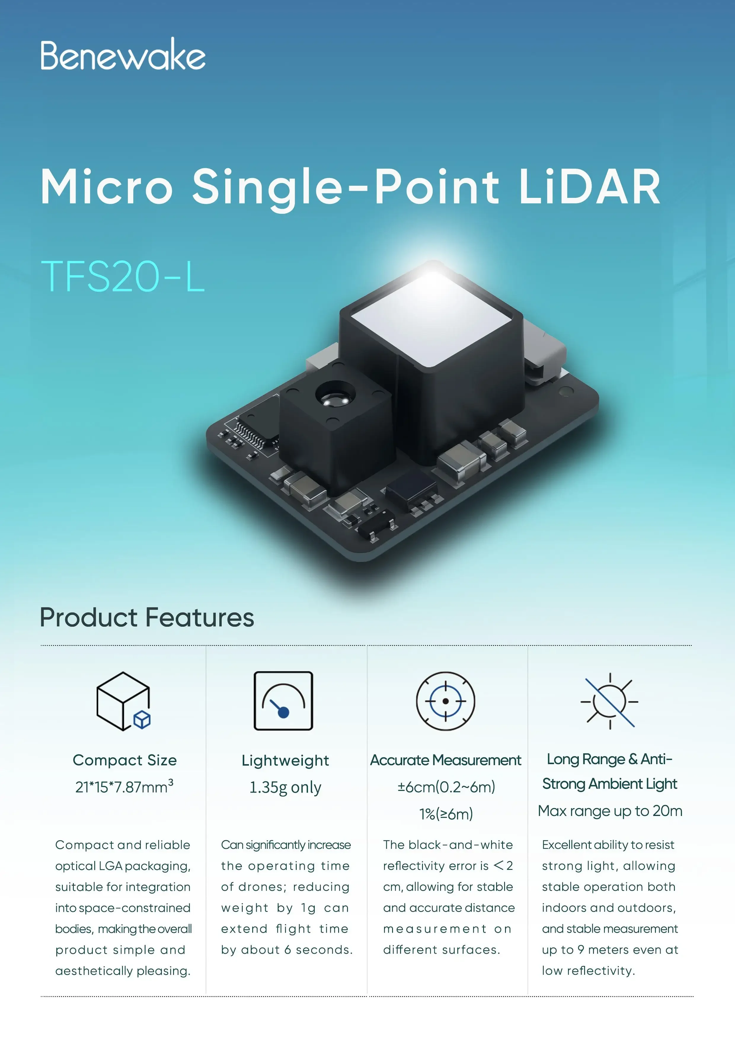 Benewake TFS20-L 20m マイクロLiDAR - Drone Lidar のレビューと価格